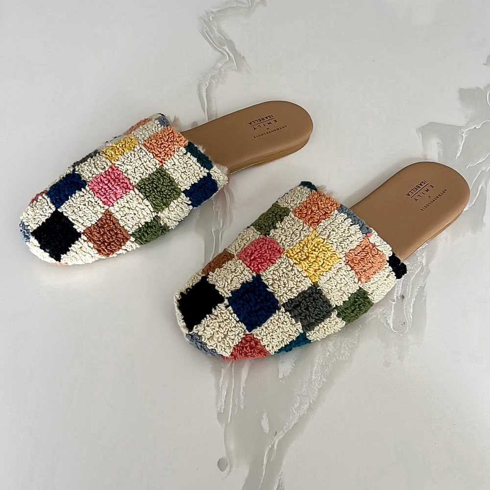 Anthropologie x Emily Isabella Checkered Colorful Sherpa Slippers Womens Medium - Picture 3 of 16